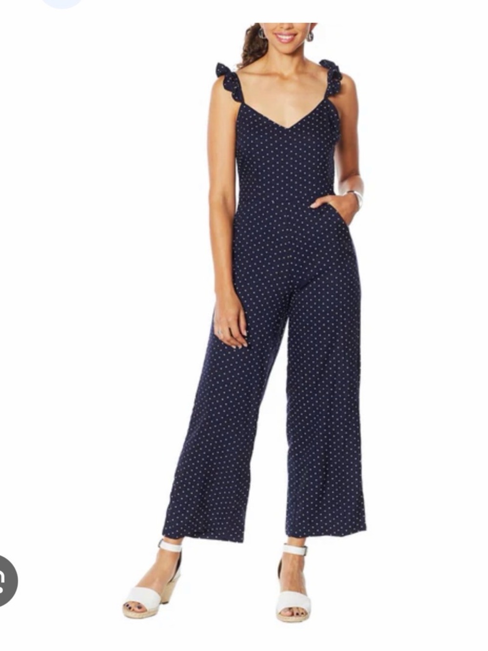 Jessica Simpson Polka Dot Navy Wide-Leg Jumpsuit with Ruffle Straps